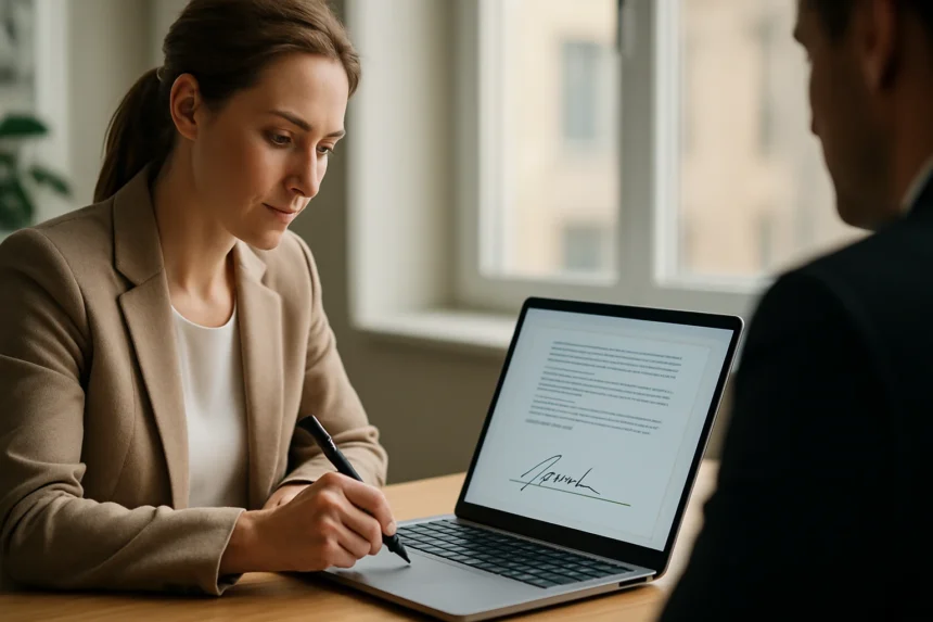 Digitális aláírást készítő nő laptop előtt.