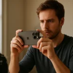 Férfi Apple iPhone készülékkel fotóz mobil fotózás közben