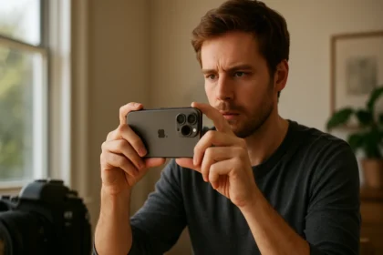 Férfi Apple iPhone készülékkel fotóz mobil fotózás közben