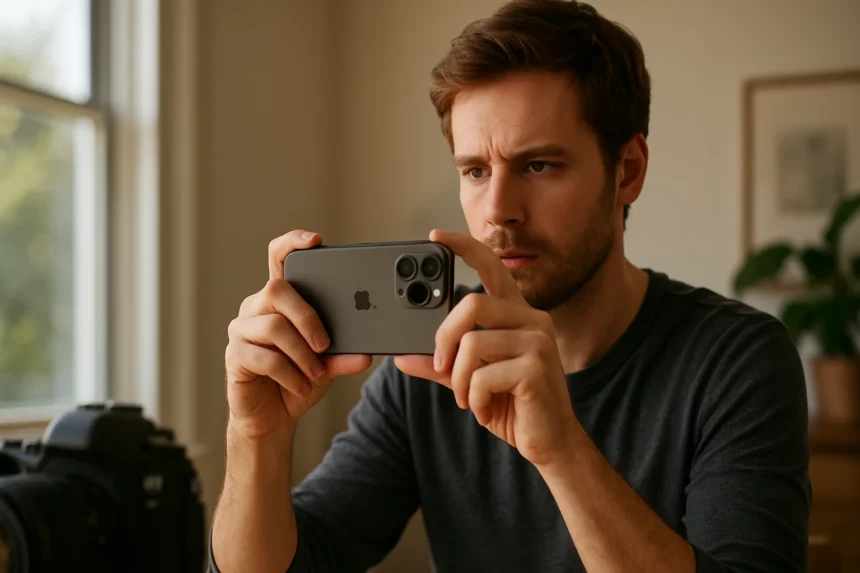 Férfi Apple iPhone készülékkel fotóz mobil fotózás közben