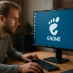 Férfi a GNOME grafikus felülettel rendelkező számítógép előtt
