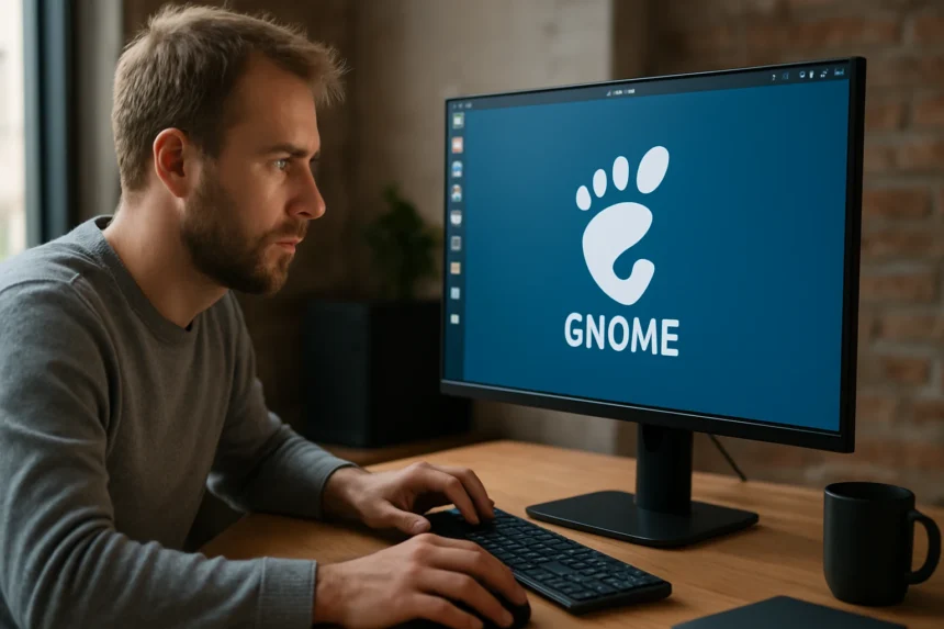 Férfi a GNOME grafikus felülettel rendelkező számítógép előtt