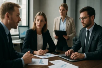 Üzleti megbeszélés során résztvevők informatikai szabályozásról