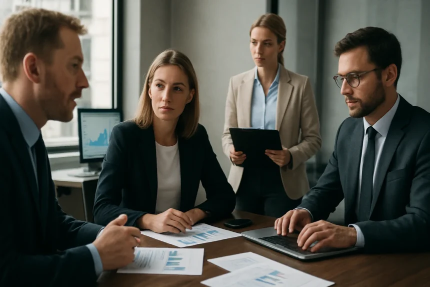 Üzleti megbeszélés során résztvevők informatikai szabályozásról