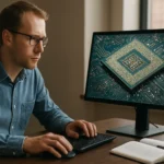 Férfi a számítógép előtt, x86-64 processzor képernyőn.