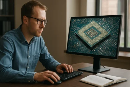 Férfi a számítógép előtt, x86-64 processzor képernyőn.