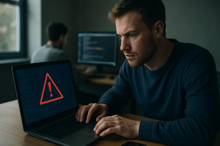 Férfi figyelmesen nézi a laptopját, figyelmeztetés a képernyőn