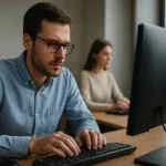 Férfi számítógépen adatokat bevitt, háttérben egy nő