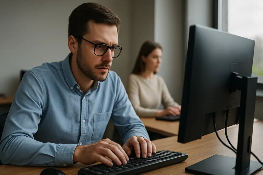 Férfi számítógépen adatokat bevitt, háttérben egy nő