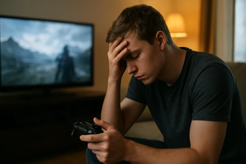 Fiatal férfi játék kontrollvesztéssel, videojáték előtt.