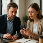 Két ember mobil CRM megoldásokat vizsgál a munkahelyükön.