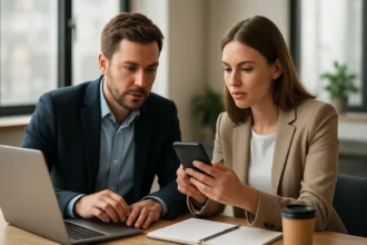 Két ember mobil CRM megoldásokat vizsgál a munkahelyükön.