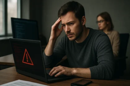 Férfi aggodalmaskodva néz a laptop képernyőjére, figyelme a kibertámadásra irányul.
