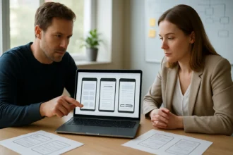 Két ember UX tervezeti dokumentumokat tárgyal laptop előtt.