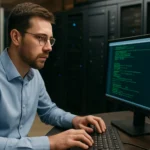 Férfi számítógépes programozó IBM mainframe előtt