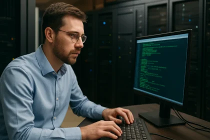 Férfi számítógépes programozó IBM mainframe előtt