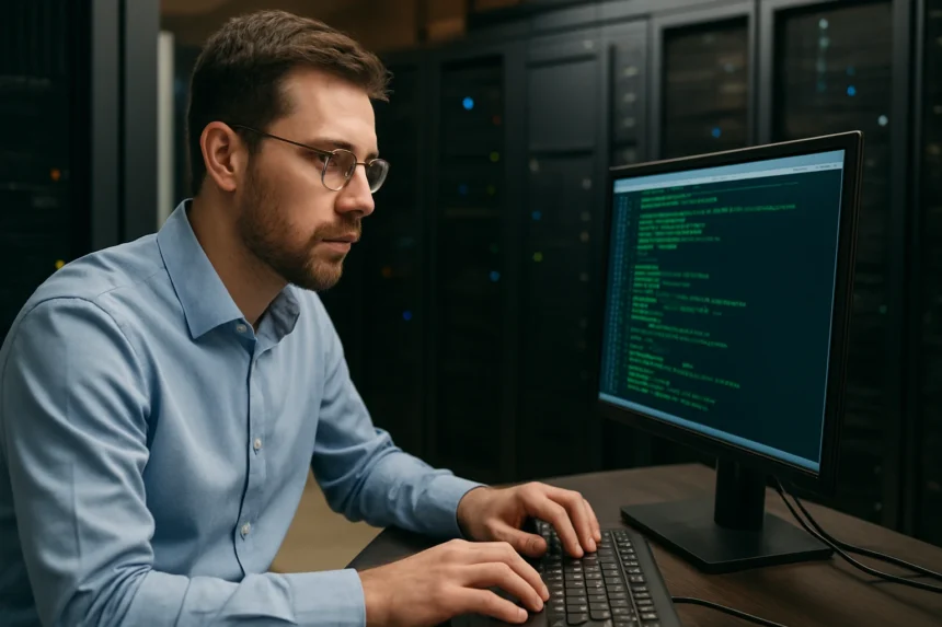 Férfi számítógépes programozó IBM mainframe előtt