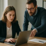 Két ember laptop előtt dolgozik, digitális adatkezelés során.