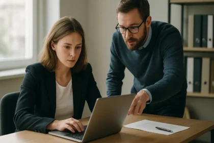 Két ember laptop előtt dolgozik, digitális adatkezelés során.