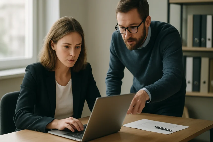 Két ember laptop előtt dolgozik, digitális adatkezelés során.