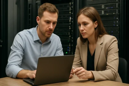 Két szakember egy laptop előtt dolgozik RAID 50 technológia alkalmazásával.