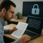 Férfi dekódolási folyamatot végez számítógép előtt.