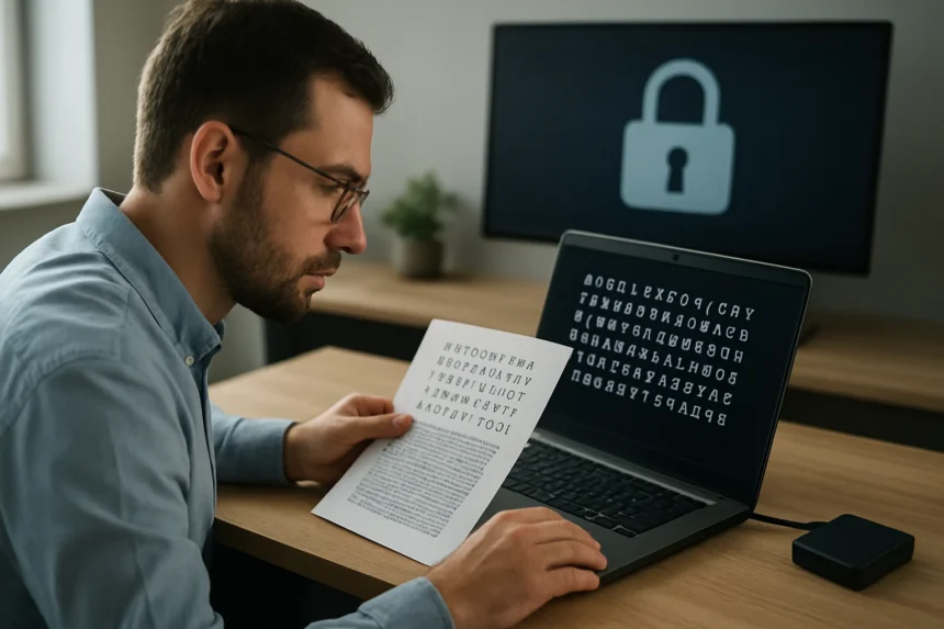 Férfi dekódolási folyamatot végez számítógép előtt.