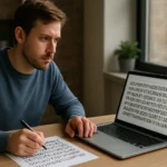 Férfi, aki ellenőrző összeget számol egy laptop mellett.