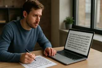 Férfi, aki ellenőrző összeget számol egy laptop mellett.