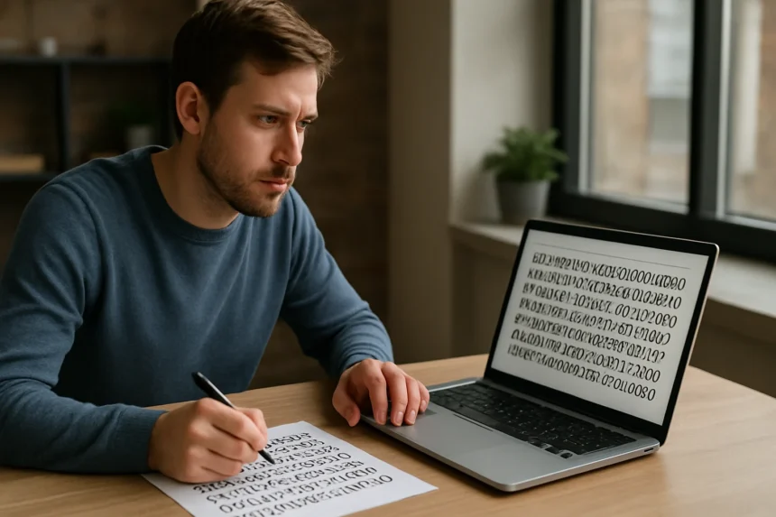 Férfi, aki ellenőrző összeget számol egy laptop mellett.