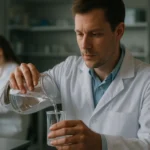 Kémikus folyadékot önt egy pohárba laboratóriumban.