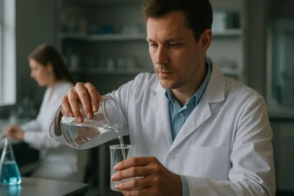 Kémikus folyadékot önt egy pohárba laboratóriumban.