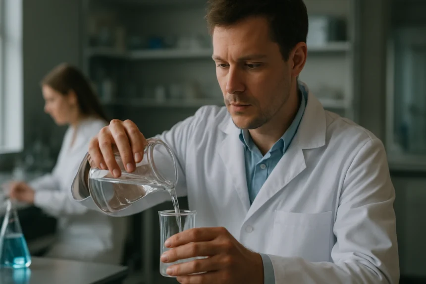 Kémikus folyadékot önt egy pohárba laboratóriumban.