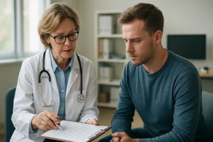 Orvos és beteg konzultáció egy egészségügyi környezetben, CCD dokumentációval.