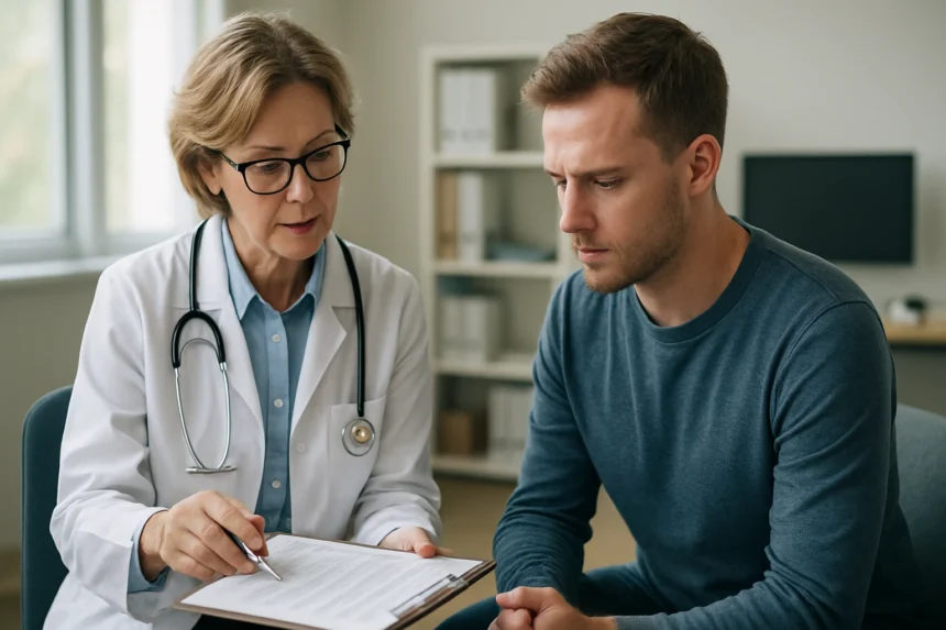 Orvos és beteg konzultáció egy egészségügyi környezetben, CCD dokumentációval.