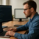 Programozó dolgozik laptopon és nagy képernyőn, kódolás közben.