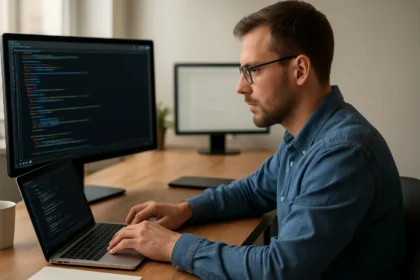 Programozó dolgozik laptopon és nagy képernyőn, kódolás közben.