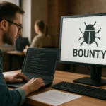 Férfi informatikus dolgozik egy bug bounty programon laptopján.