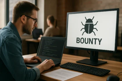 Férfi informatikus dolgozik egy bug bounty programon laptopján.
