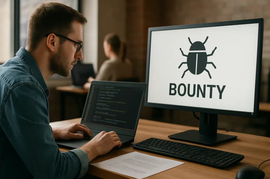 Férfi informatikus dolgozik egy bug bounty programon laptopján.