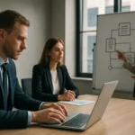 Üzleti megbeszélés, amely az információkormányzásról szól.