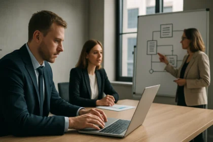 Üzleti megbeszélés, amely az információkormányzásról szól.