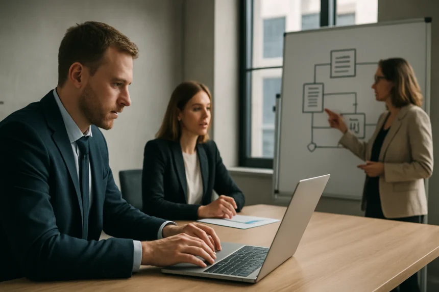 Üzleti megbeszélés, amely az információkormányzásról szól.