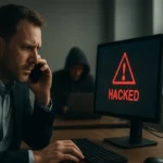 Férfi telefonon beszél hackelt számítógép előtt, figyelmeztetés a hackelésről.