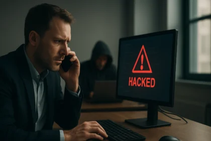 Férfi telefonon beszél hackelt számítógép előtt, figyelmeztetés a hackelésről.