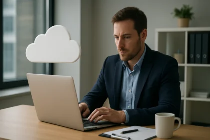 Férfi laptopon dolgozik felhőszolgáltatás használatával