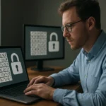 Felhasználó titkosítással foglalkozik számítógép előtt
