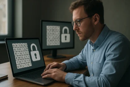 Felhasználó titkosítással foglalkozik számítógép előtt