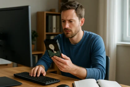 Férfi telefonon nézi a gigabye méretinformációkat, informatika.