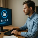 Férfi biztonsági mentést végez a számítógépén